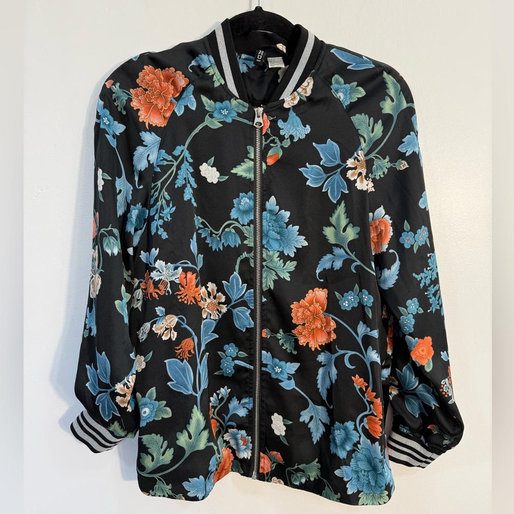 H&M Black silky lined zipper Bomber Jacket with Blue and Orange Blooms small - Picture 1 of 7